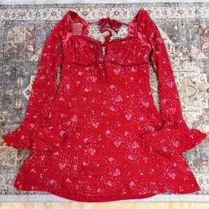 Free People Tess Mini Dress Red Floral Velvet Babydoll Tie Front Bell Sleeve